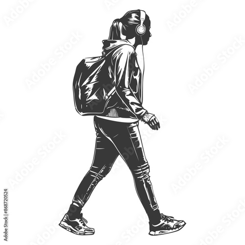 Urban Walker: Stylized Sketch of a Woman with Headphones and Backpack.