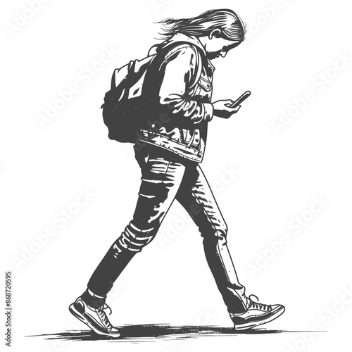 Distracted Walker: Woman with Phone, Urban Commute, Sketch Style Illustration