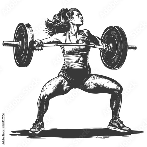 Powerful Woman Weightlifting: Hand-Drawn Monochrome Illustration