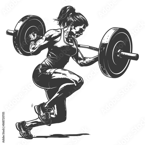 Monochrome illustration: Powerful Female Weightlifter in Dynamic Clean Position