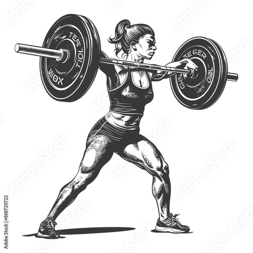 Monochromatic Illustration: Powerful Female Weightlifter Performing a Barbell Front Squat
