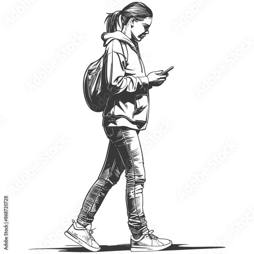 Walking Woman with Backpack, Texting on Smartphone, Sketch Illustration