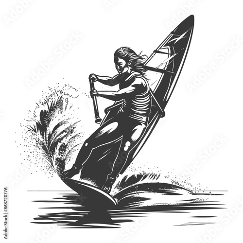 Monochromatic Illustration: Windsurfer Executing Dynamic Aerial Maneuver