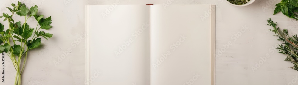 Open book with white pages on a wood table surrounded by greenery. Open book with white pages on a wood table surrounded by greenery.