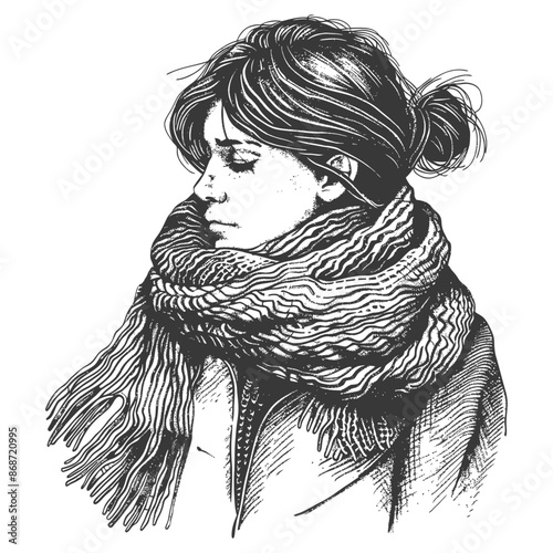 Pensive Girl in Oversized Scarf, Engraving Style Portrait.