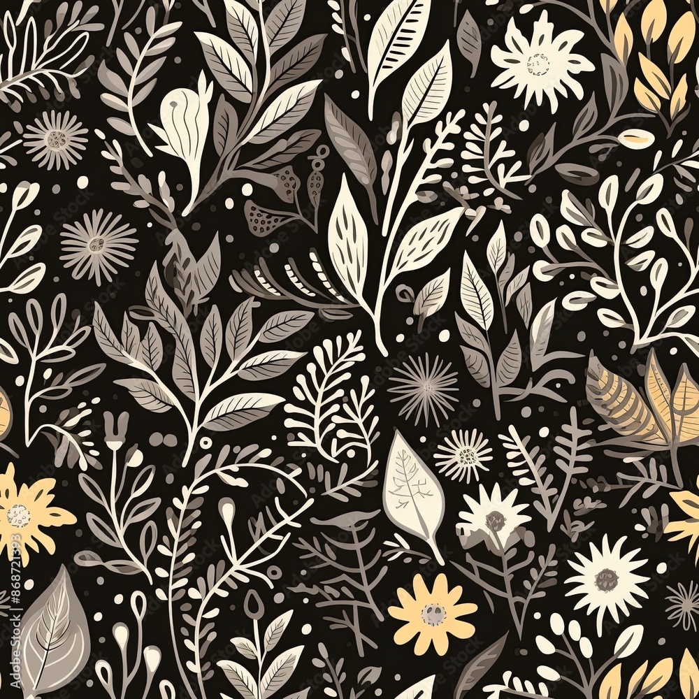 Abstract floral lino cuts of leaves and flowers designed in a random pattern Abstract floral lino cuts of leaves and flowers designed in a random pattern
