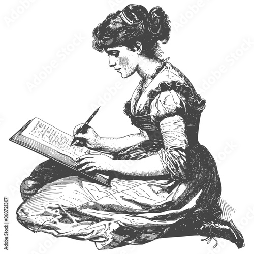 Victorian Woman Writing, Antique Engraving, Vintage Illustration, Seated.