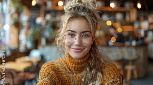 Wallpaper Mural A Young Woman in Glasses, Smiling in a Cafe Torontodigital.ca