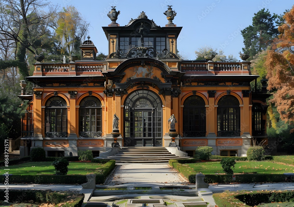 Fototapeta premium A beautiful pavilion with statues and a garden