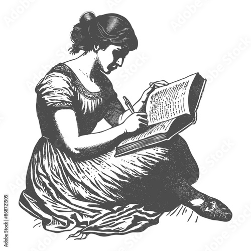 Seated Woman in Edwardian Dress, Pensively Studying an Open Book, Woodcut Style Illustration