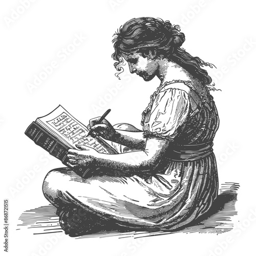 Victorian Woman Seated, Writing in Antique Book, Woodcut Illustration