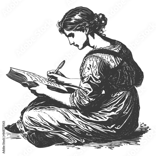 Victorian Woman Writer, Woodcut Style, Seated, Pen & Book