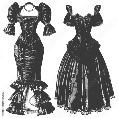 Vintage Gown Outlines: Victorian Era Dresses Illustration in Black and White.