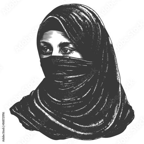 Engraved Portrait: veiled woman's face, mysterious dark eyes, vintage illustration.
