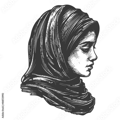 Pensive Muslim Woman in Hijab, Woodcut Style Engraving.
