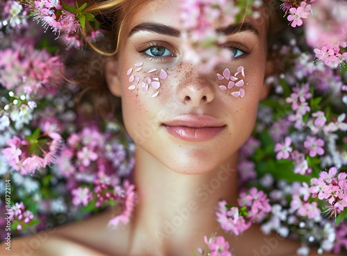 An ethereal portrait of a young woman surrounded by delicate pink blossoms. photo