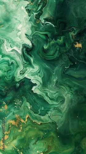 An abstract texture in fluid art featuring shades of green, swirling and blending to create a dynamic and artistic pattern.        © Uliana