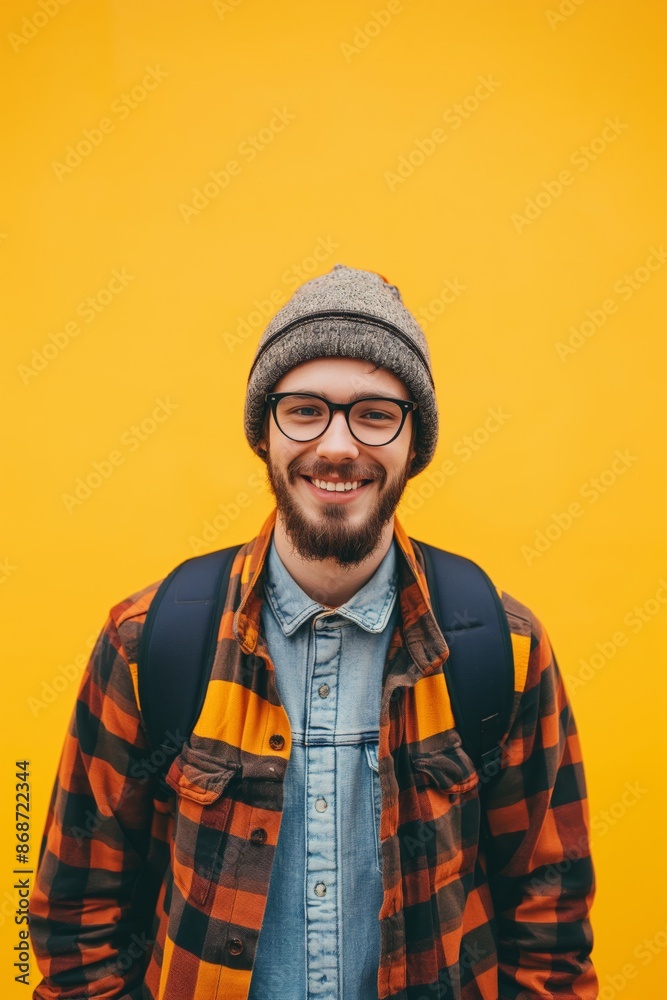 A man wearing a plaid jacket and a hat is smiling at the camera. He has a backpack on his back