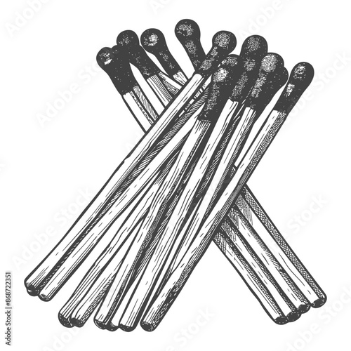 Woodcut Matches: Pile of Unstruck Safety Matches, Vintage Illustration Style, Rustic Charcoal Sketch