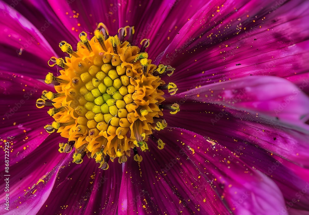 Obraz premium Macro Photography of Magenta Cosmos Flower with Yellow Center