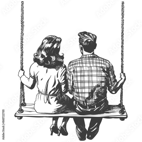 young couple sitting on a swing with engraving style