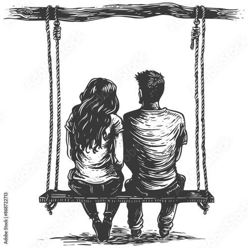 young couple sitting on a swing with engraving style