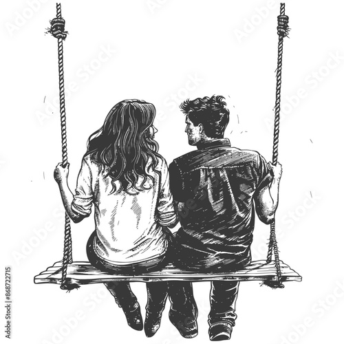 young couple sitting on a swing with engraving style