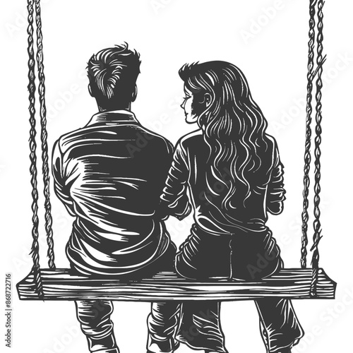 young couple sitting on a swing with engraving style