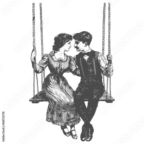 young couple sitting on a swing with engraving style