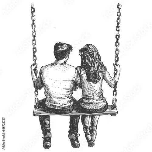 young couple sitting on a swing with engraving style