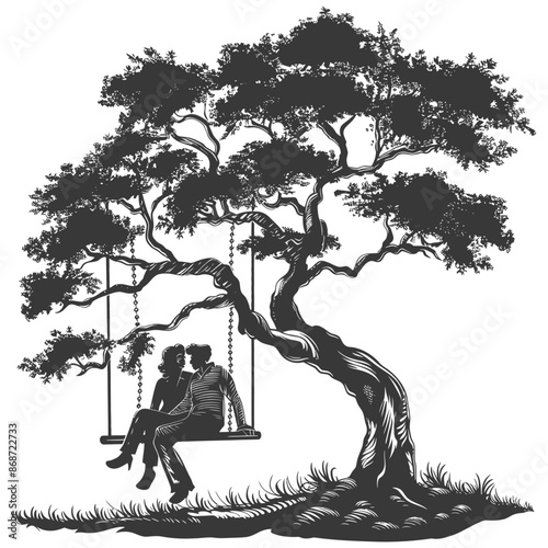 young couple sitting on a swing on the tree with engraving style