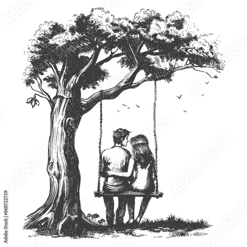 young couple sitting on a swing on the tree with engraving style