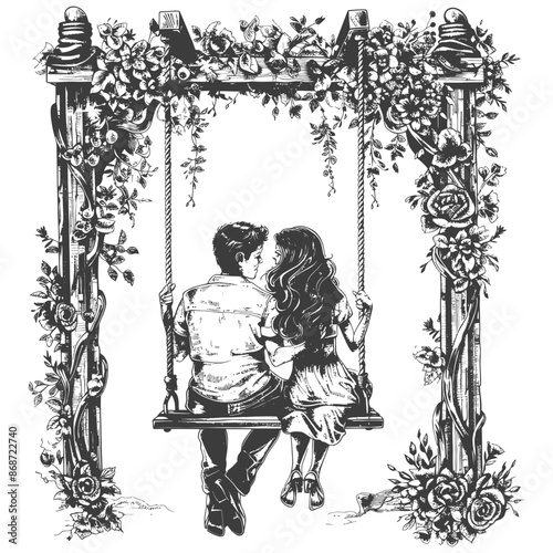 young couple sitting on a swing with engraving style