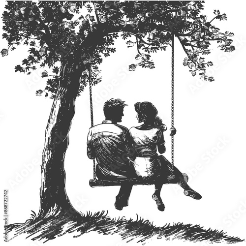 young couple sitting on a swing on the tree with engraving style