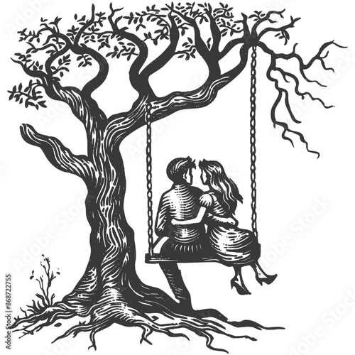 young couple sitting on a swing on the tree with engraving style