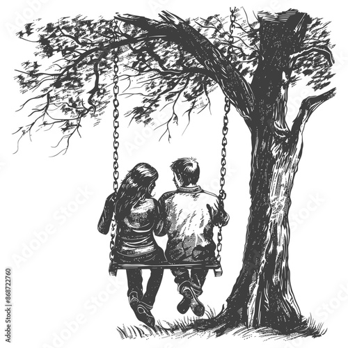 young couple sitting on a swing on the tree with engraving style