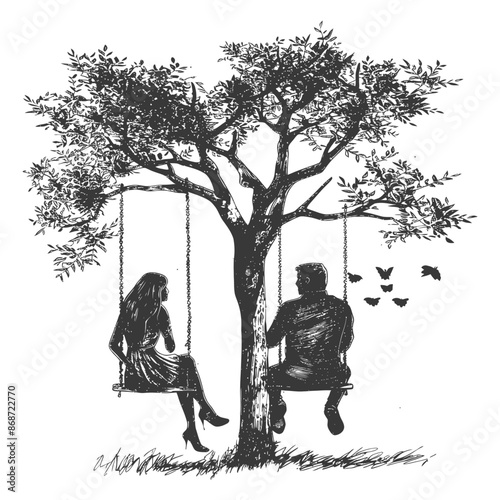 young couple sitting on a swing on the tree with engraving style