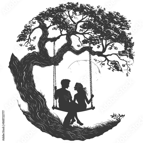 young couple sitting on a swing on the tree with engraving style