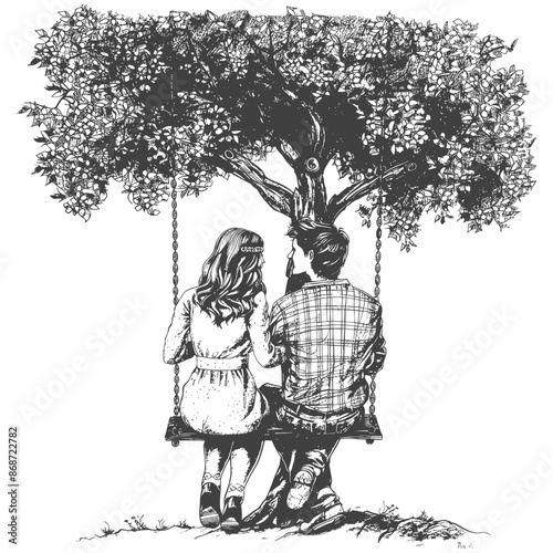 young couple sitting on a swing on the tree with engraving style