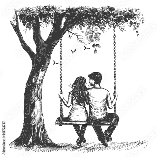 young couple sitting on a swing on the tree with engraving style