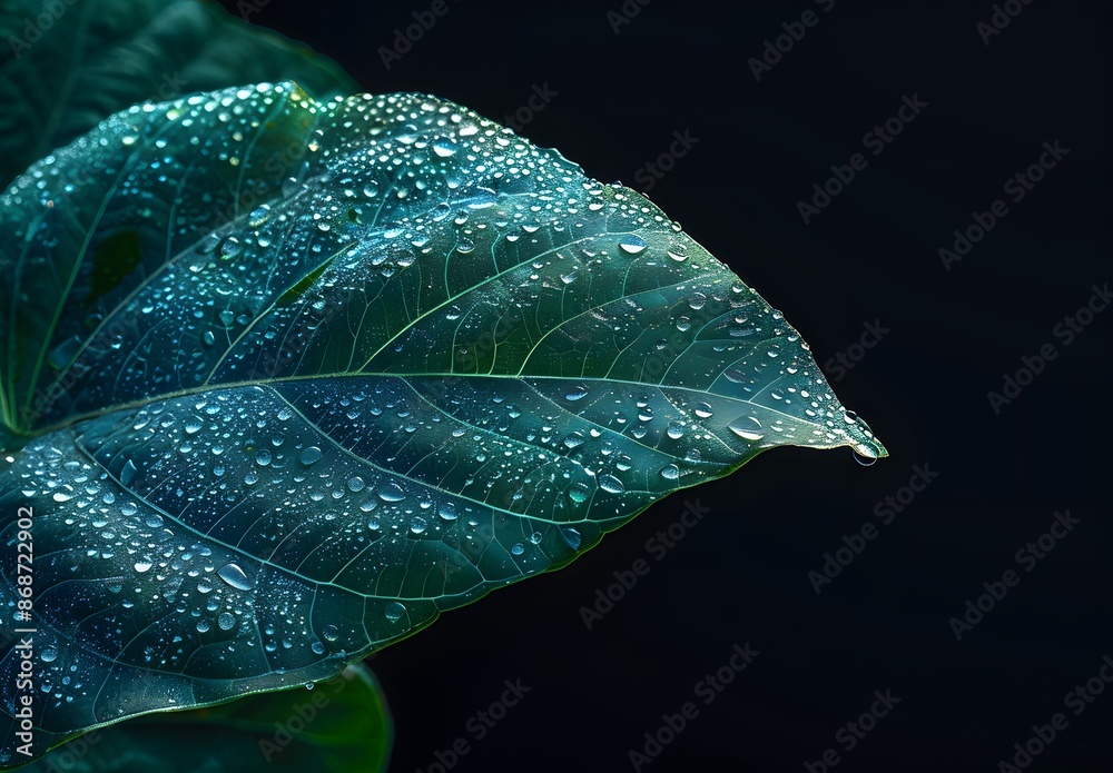 Obraz premium Close-up Dew Drops On Green Leaf, Black Background