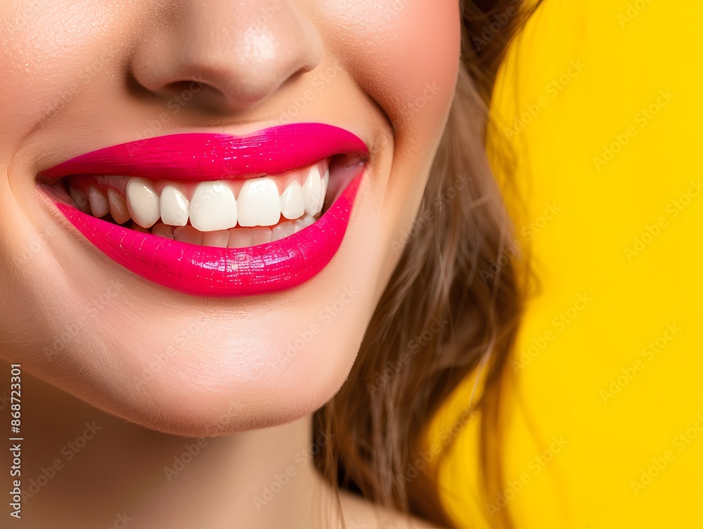 Fototapeta premium Beautiful Woman with Bright Pink Lipstick Smiling Against Yellow Background