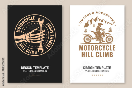 Motorcycle hill climb posters. Vector. Extreme sport template with motorcycle, hand holding wrench.