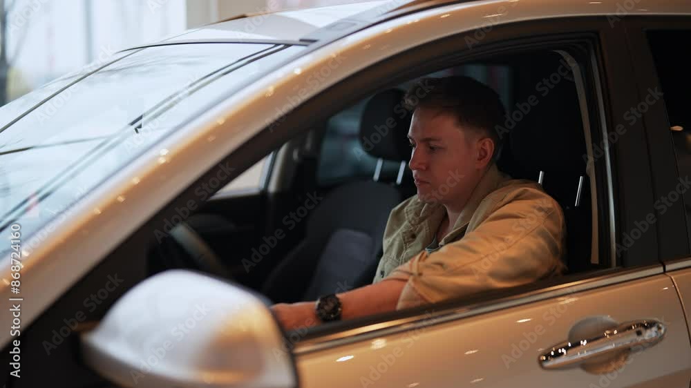 Satisfied customer male sitting in driver seat in new automobile inside modern showroom. Happy young man buyer inside new car and checking function of new model at dealership. Shooting in slow motion. Satisfied customer male sitting in driver seat in new automobile inside modern showroom. Happy young man buyer inside new car and checking function of new model at dealership. Shooting in slow motion.
