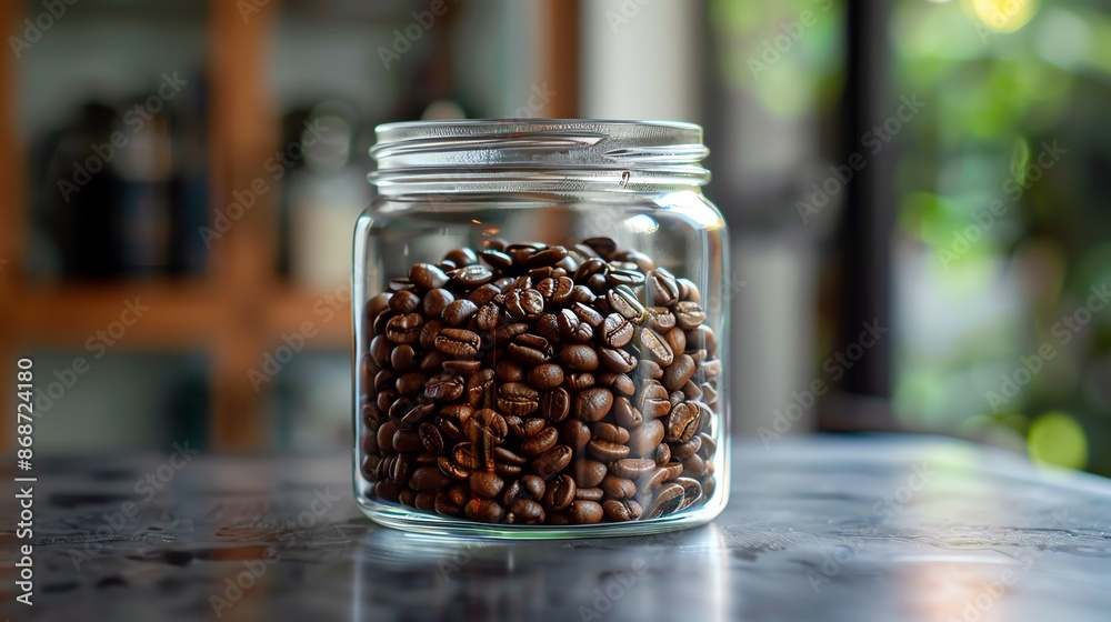 coffee beans in a clear glass jar, reflective and fresh, selective focus, storage theme, surreal, overlay, minimalist countertop backdrop coffee beans in a clear glass jar, reflective and fresh, selective focus, storage theme, surreal, overlay, minimalist countertop backdrop