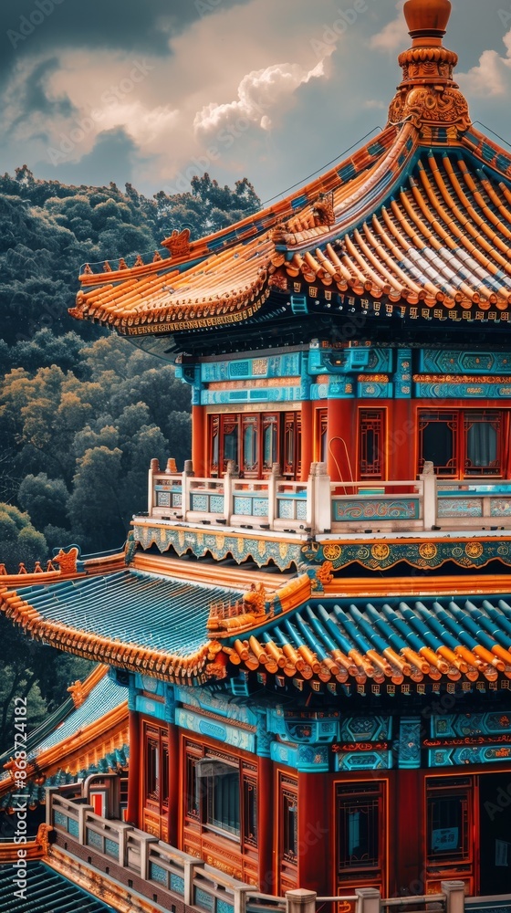 Naklejka premium Traditional Chinese architectural details on a historical building, highlighting ornate carvings, curved rooflines, and rich, vibrant colors that reflect ancient craftsmanship