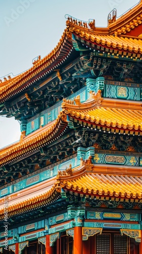Traditional Chinese architectural details on a historical building, highlighting ornate carvings, curved rooflines, and rich, vibrant colors that reflect ancient craftsmanship