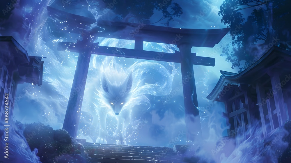 Fototapeta premium Mystical Fox Spirit at Torii Gate in Enchanted Forest with Glowing Aura and Magical Atmosphere