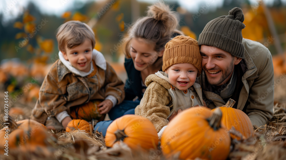 Family with children playing with pumpkins in a pumpkin patch for Halloween