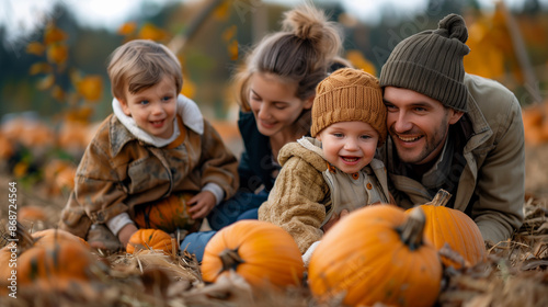Obraz na płótnie Family with children playing with pumpkins in a pumpkin patch for Halloween w salonie